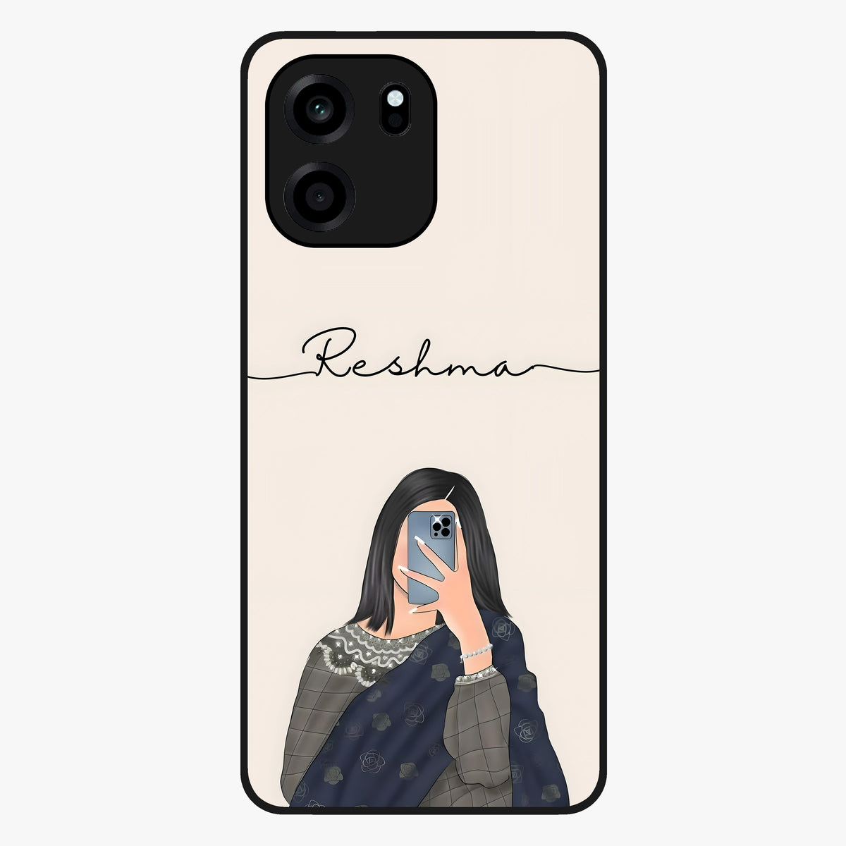 Mirror Mood Muse With Custom Name Glass Case showing flat back view with stylish mirrored artwork and personalized name design.
