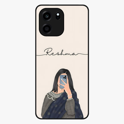 Mirror Mood Muse With Custom Name Glass Case showing flat back view with stylish mirrored artwork and personalized name design.