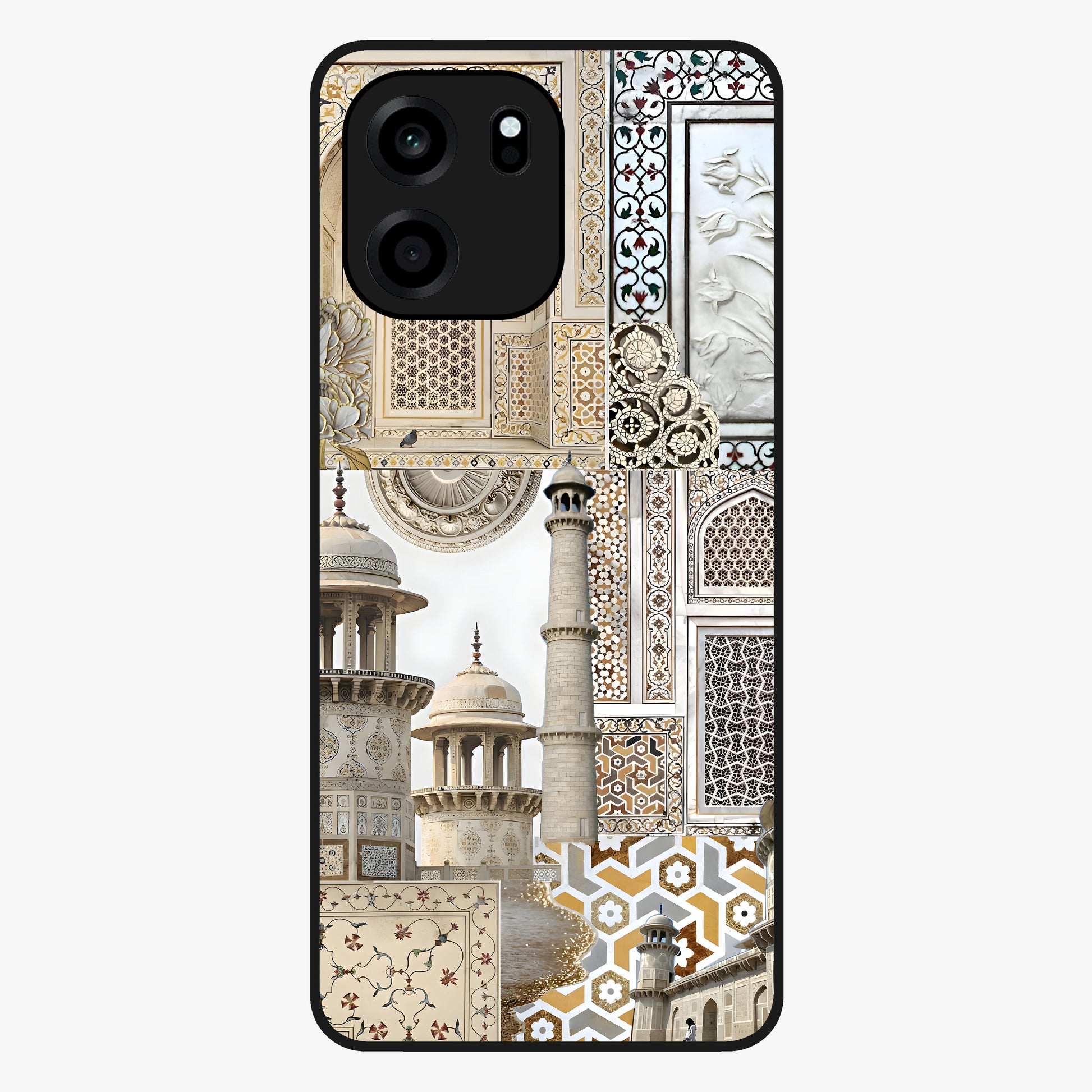 Mughal Marble Legacy Glass Case showing flat back view with intricate Mughal inspired marble pattern and glossy glass finish.
