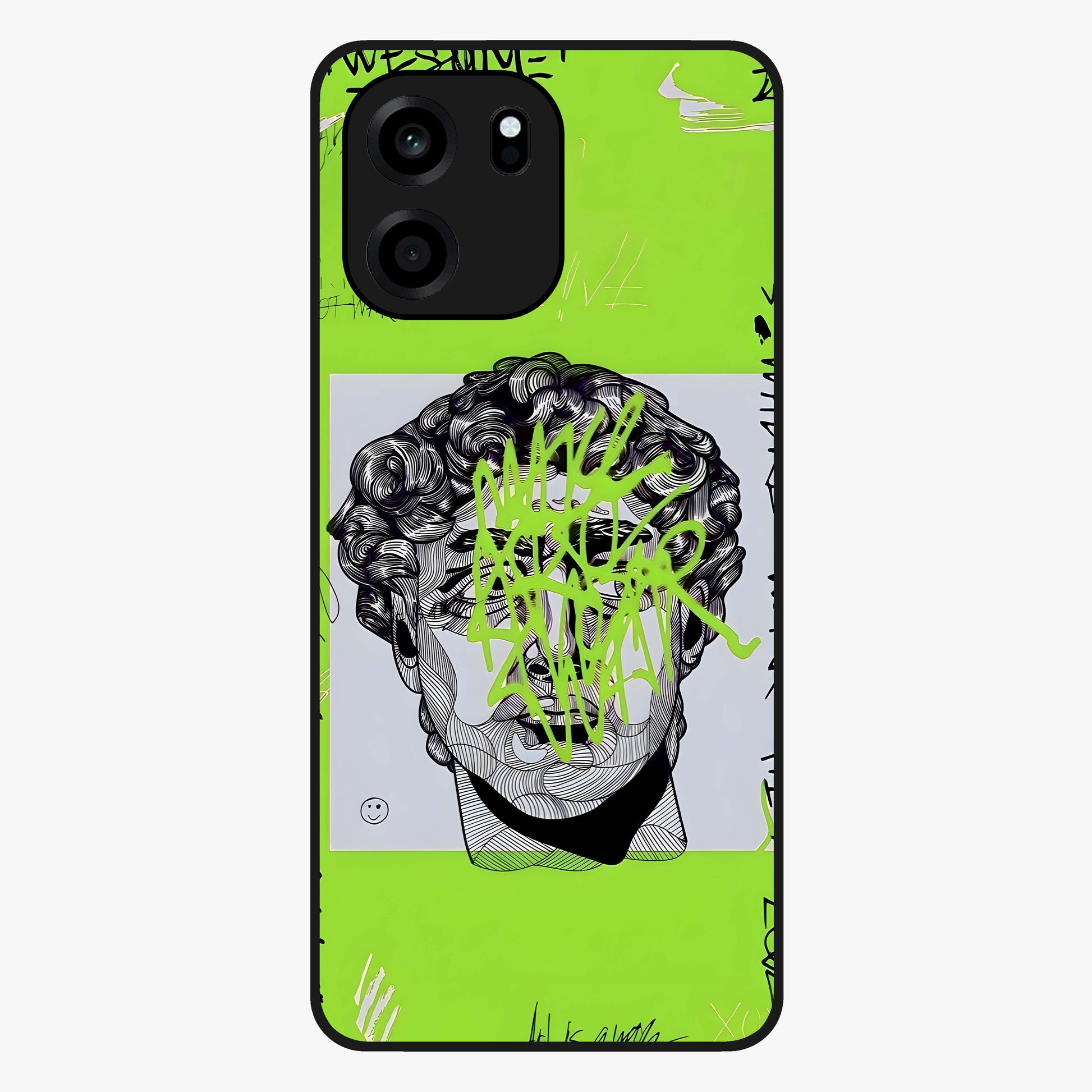 Neo Graffiti Rebellion Glass Case showing flat back view with vibrant graffiti artwork and glossy glass finish.