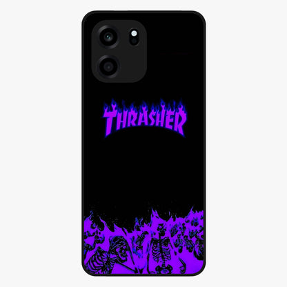 Neon Flame Riot Glass Case showing flat back view with neon flame artwork and glossy glass finish.