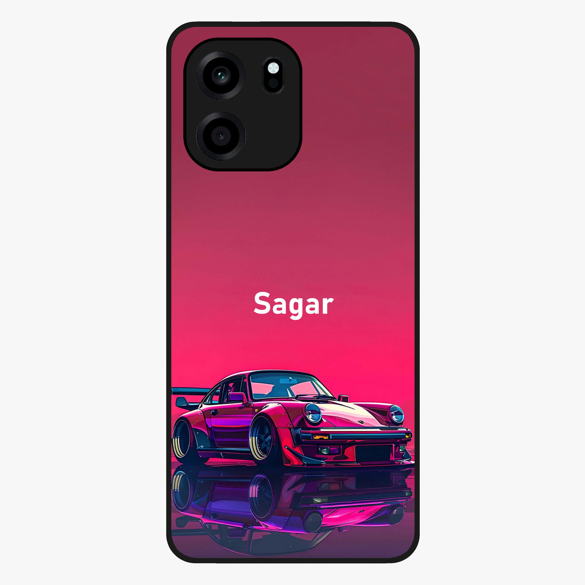 Neon Pink Porsche Glass Case showing flat back view with stylish sports car artwork and glossy glass finish.
