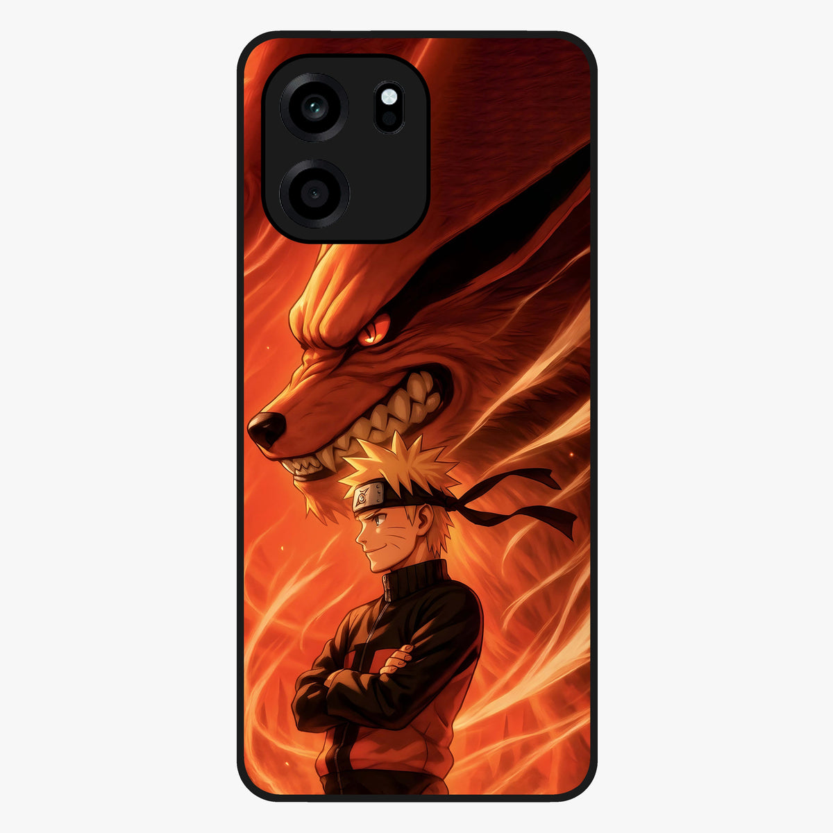 Nine Tails Legacy Glass Case showing flat back view with powerful nine-tailed fox inspired artwork and glossy glass finish.