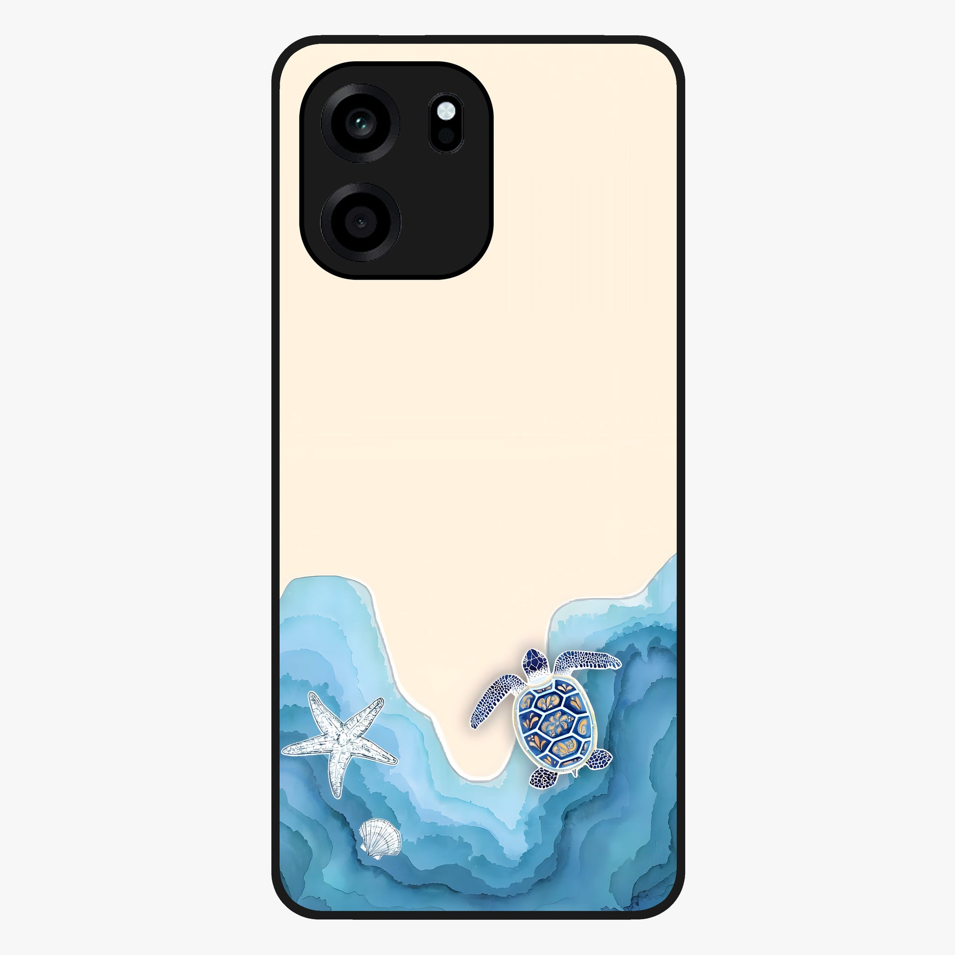 Ocean Drift Turtle Glass Case showing flat back view with sea turtle artwork and glossy glass finish.