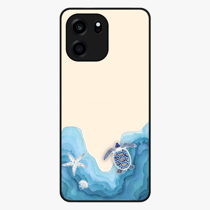 Ocean Drift Turtle Glass Case showing flat back view with sea turtle artwork and glossy glass finish.