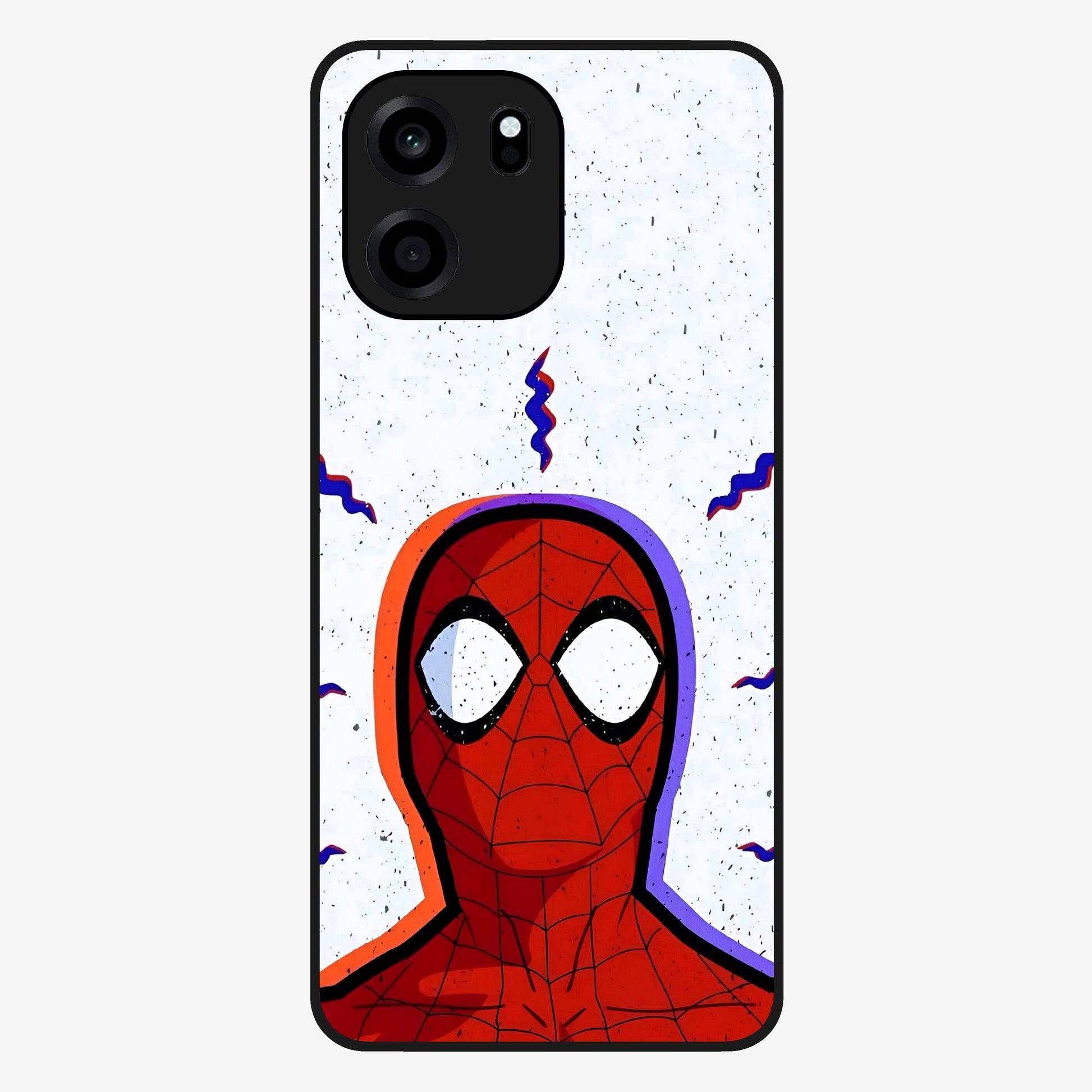 Omg Spiderman Glass Case showing flat back view with bold superhero inspired artwork and glossy glass finish.