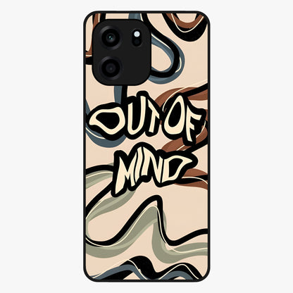 Out Of Mind Glass Case showing flat back view with expressive typography artwork and glossy glass finish.