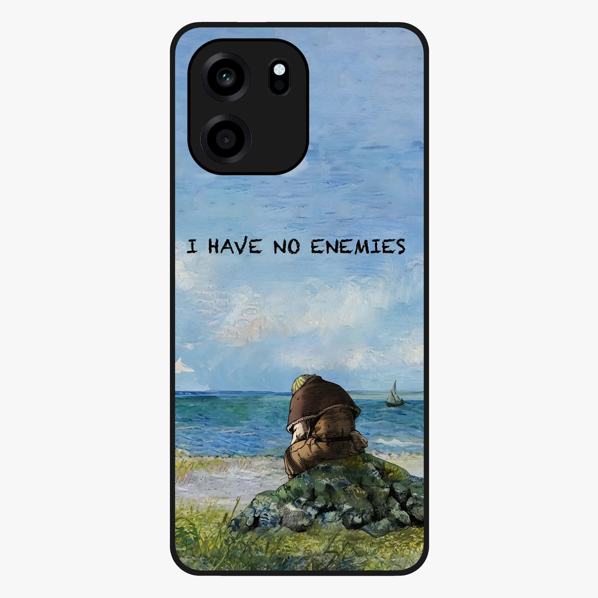 Peace Beyond War Glass Case showing flat back view with symbolic peace themed artwork and glossy glass finish.