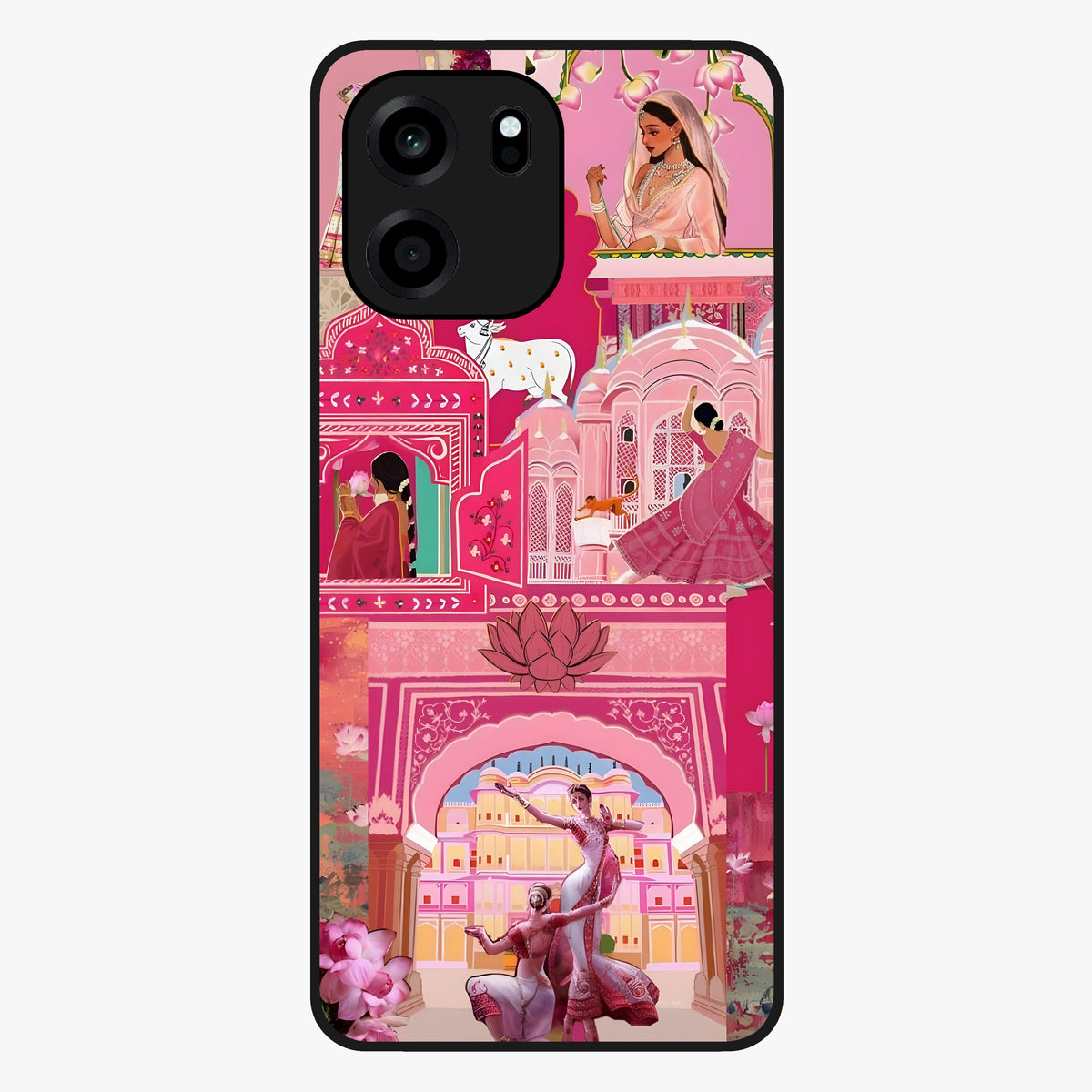 Pink Palace Muse Glass Case showing flat back view with elegant palace inspired artwork and glossy glass finish.