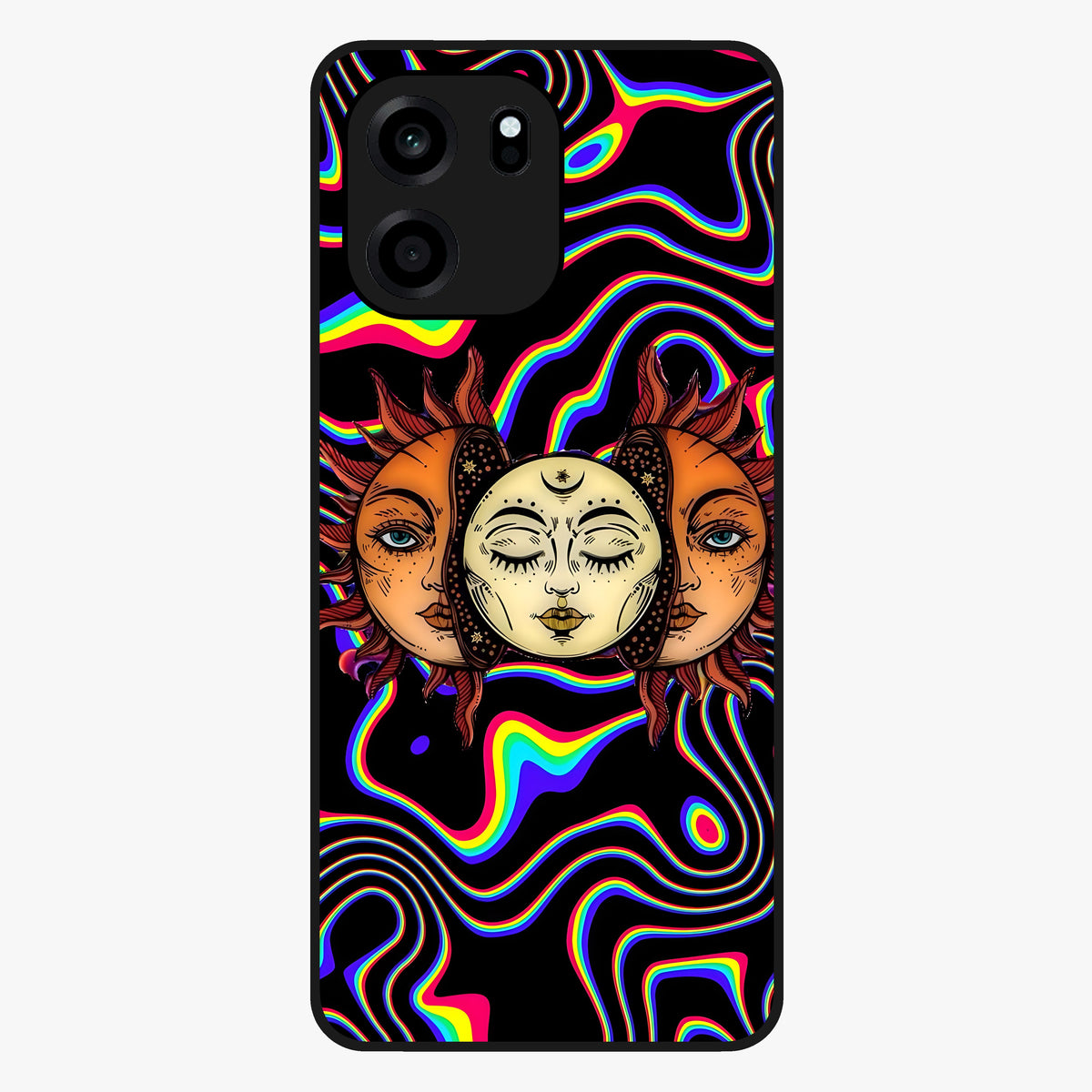 Psychedelic Sun Glass Case showing flat back view with colorful psychedelic sun artwork and glossy glass finish.