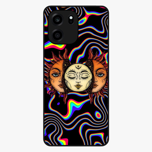 Psychedelic Sun Glass Case showing flat back view with colorful psychedelic sun artwork and glossy glass finish.