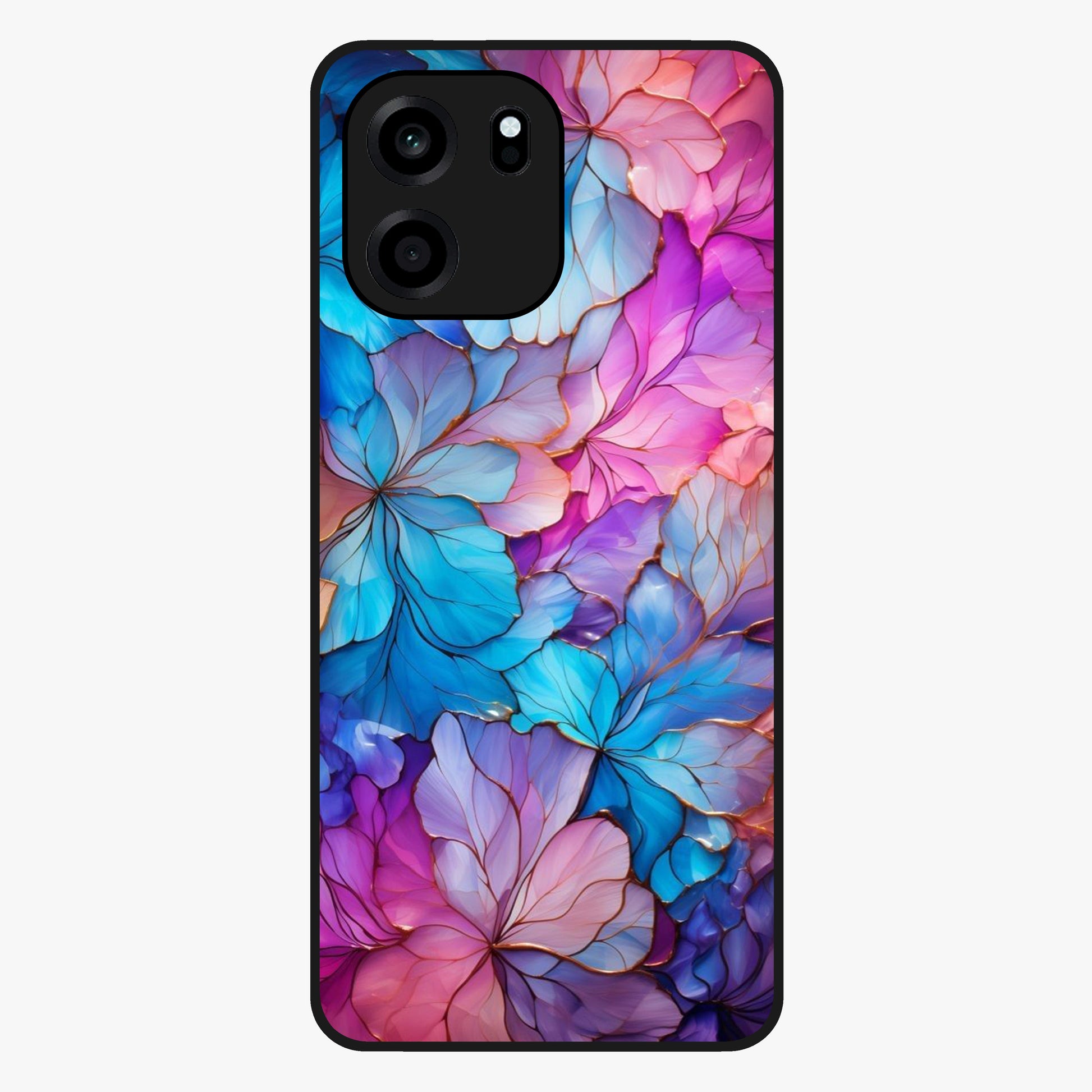 Radiant Floral Whirl Glass Case showing flat back view with swirling floral artwork and glossy glass finish.