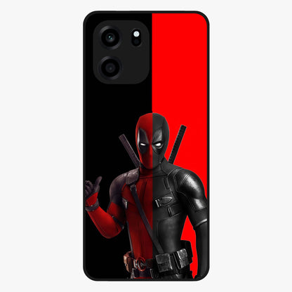 Red & Black Deadpool Theme Glass Case showing flat back view with bold comic inspired artwork and glossy glass finish.