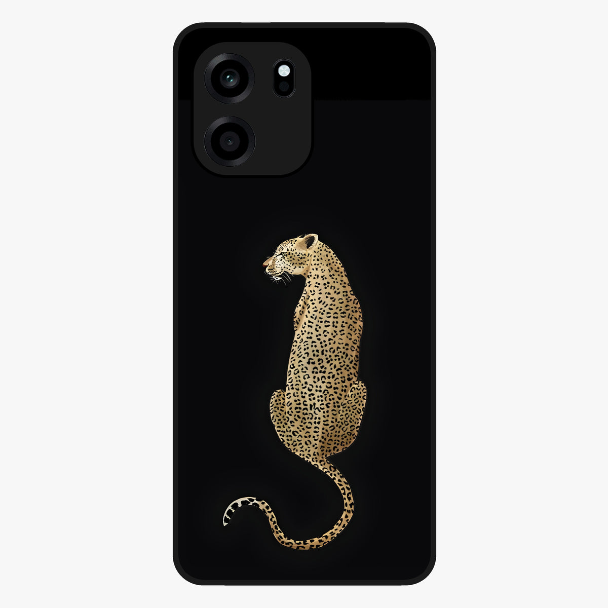 Regal Leopard Glass Case showing flat back view with bold leopard artwork and glossy glass finish.