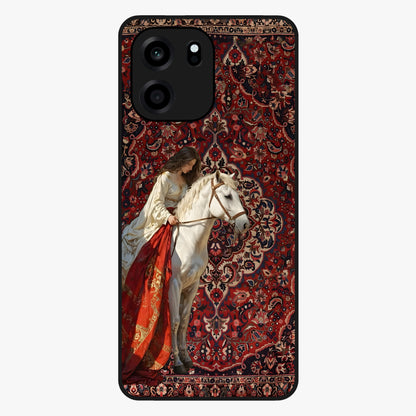 Royal Rider Tapestry Glass Case showing flat back view with majestic horse rider tapestry artwork and glossy glass finish.
