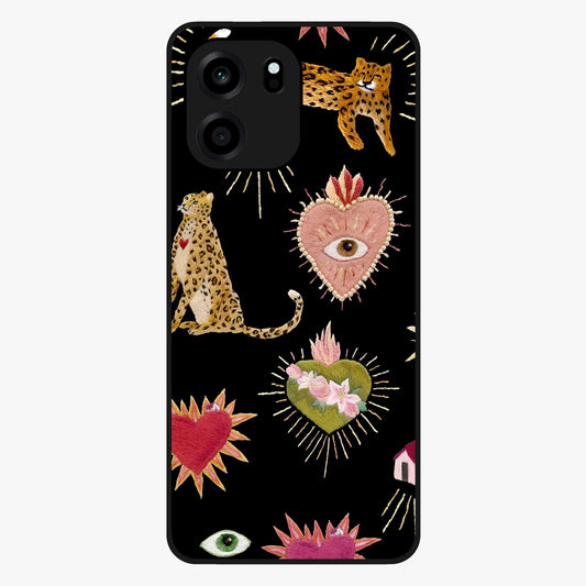 Sacred Jungle Heart Glass Case showing flat back view with jungle inspired heart artwork and glossy glass finish.