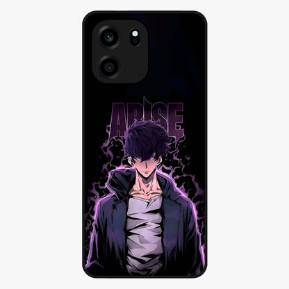 Shadow Monarch Awakening Glass Case showing flat back view with powerful dark monarch themed artwork and glossy glass finish.