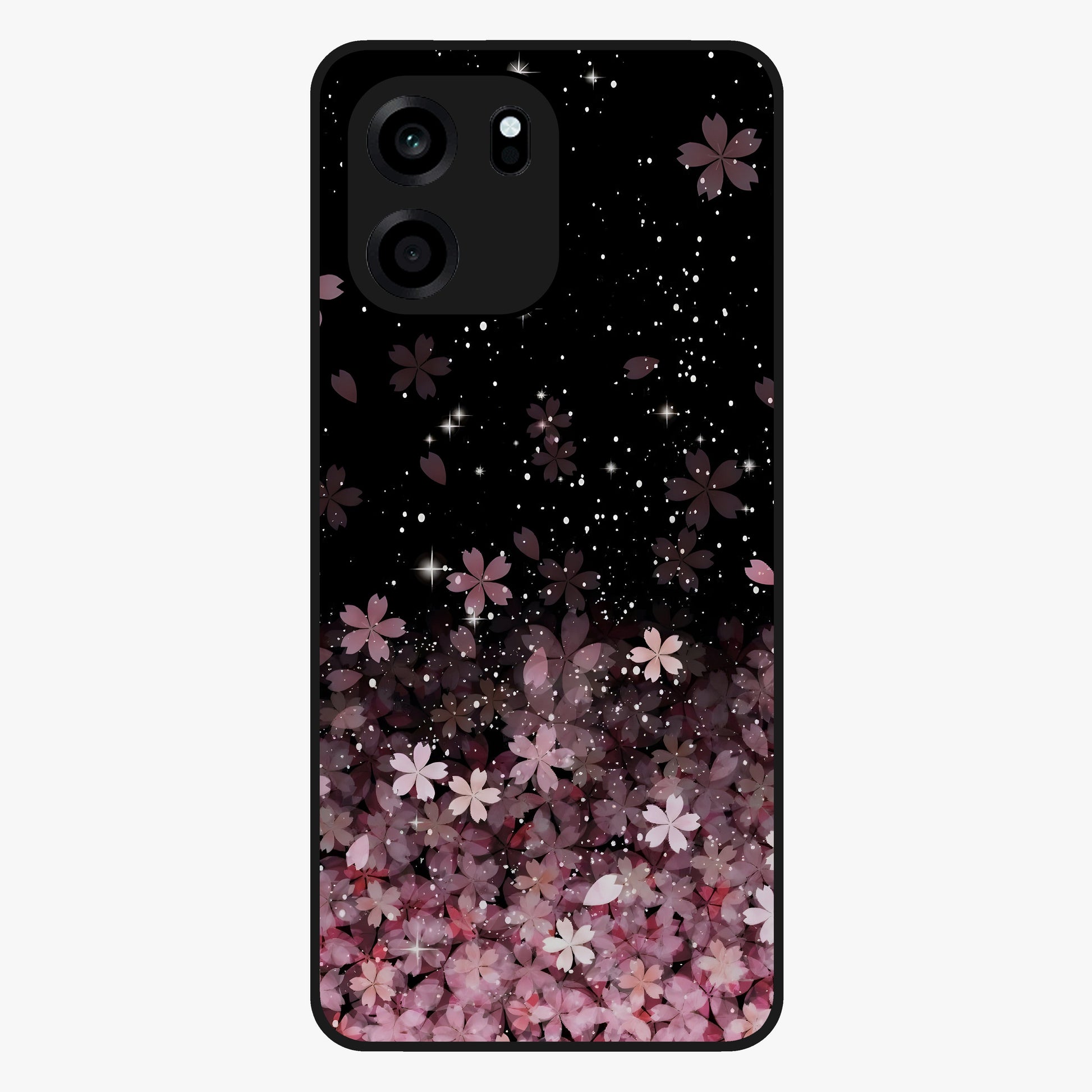 Small Starry Flowers Glass Case showing flat back view with delicate starry floral artwork and glossy glass finish.