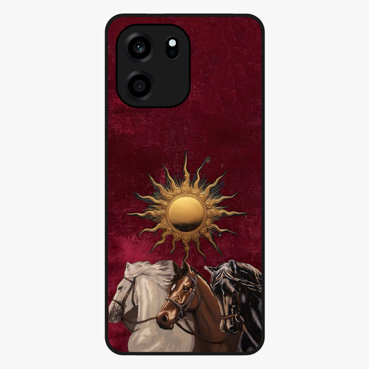 Solar Riders Glass Case showing flat back view with dynamic rider themed artwork and glossy glass finish.