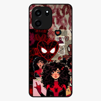 Spider Love Story Glass Case showing flat back view with romantic superhero themed artwork and glossy glass finish.