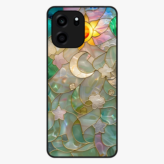 Stained Sunrise Glow Glass Case showing flat back view with glowing sunrise stained pattern artwork and glossy glass finish.