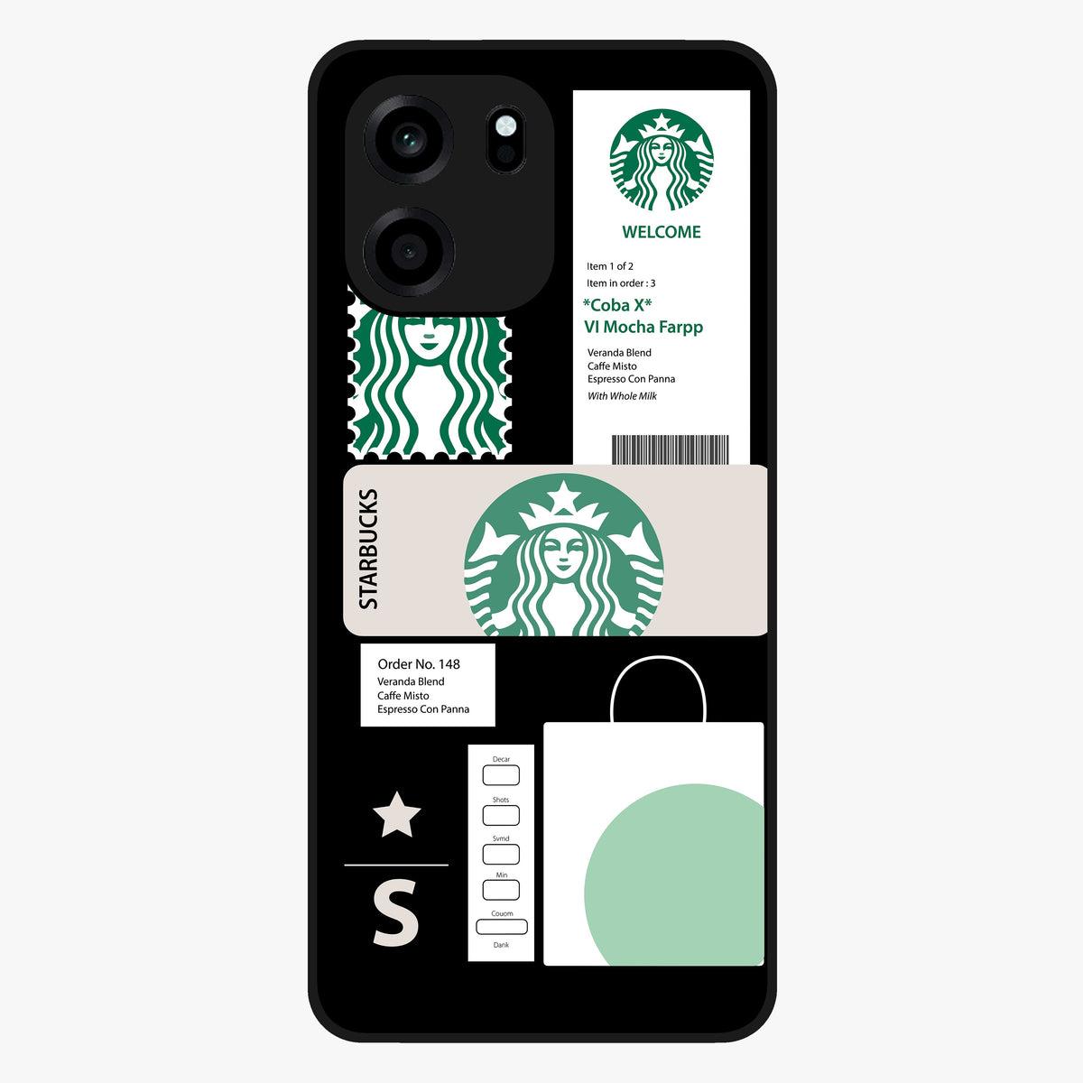 Starbucks Mocha Glass Case showing flat back view with coffee inspired artwork and glossy glass finish.