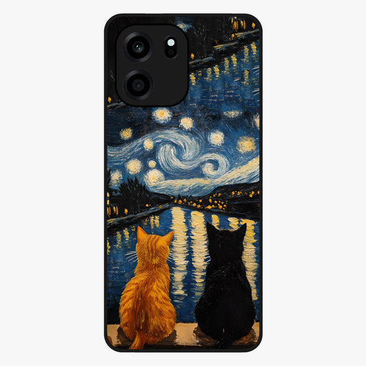 Starry River Cats Glass Case showing flat back view with cats by a starry river artwork and glossy glass finish.
