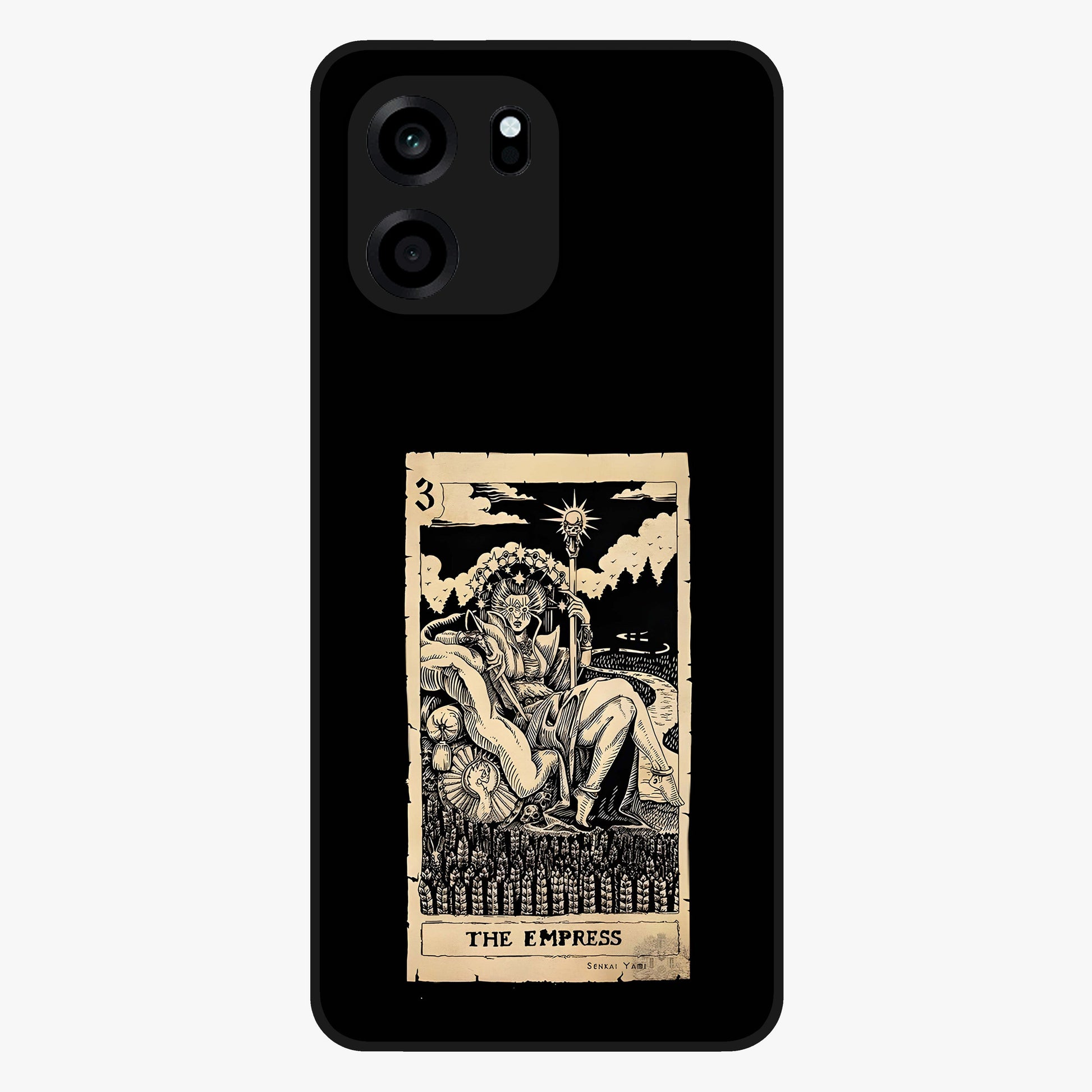 The Empress Glass Case showing flat back view with regal feminine artwork and glossy glass finish.