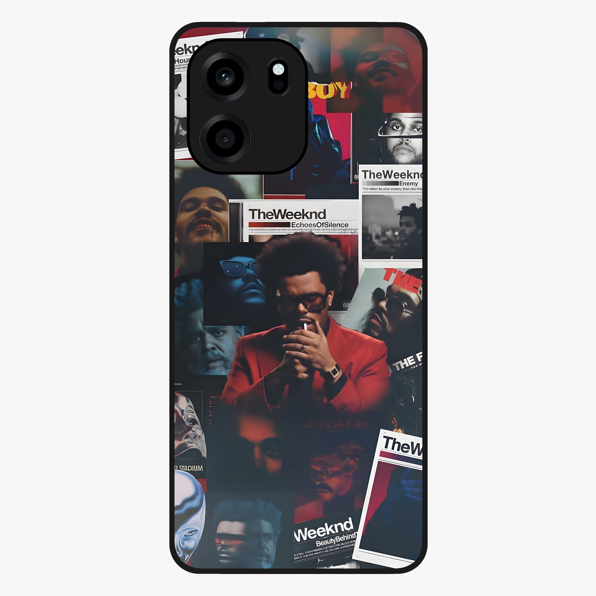 The Weeknd Glass Case showing flat back view with music inspired artistic portrait artwork and glossy glass finish.