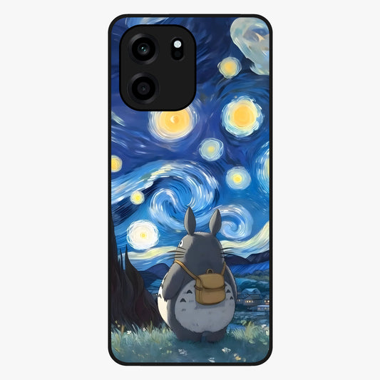 Totoro In Van Gogh Art Glass Case showing flat back view with whimsical character artwork inspired by Van Gogh style and glossy glass finish.