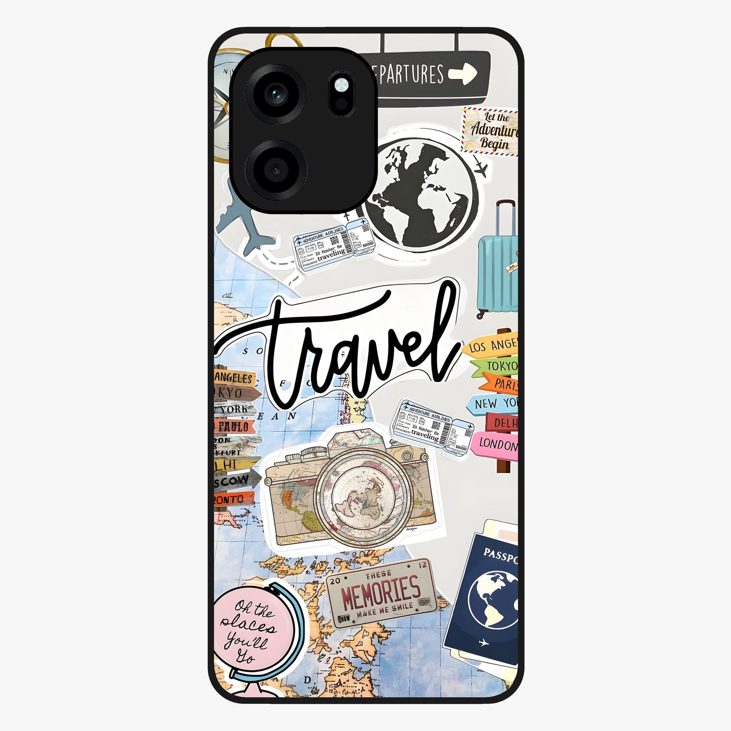 Wanderlust Journal Glass Case showing flat back view with travel inspired artwork and glossy glass finish.