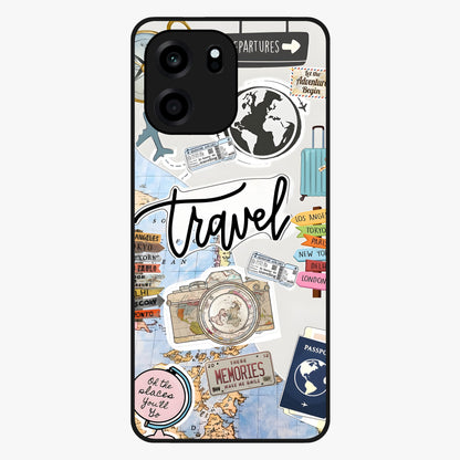 Wanderlust Journal Glass Case showing flat back view with travel inspired artwork and glossy glass finish.
