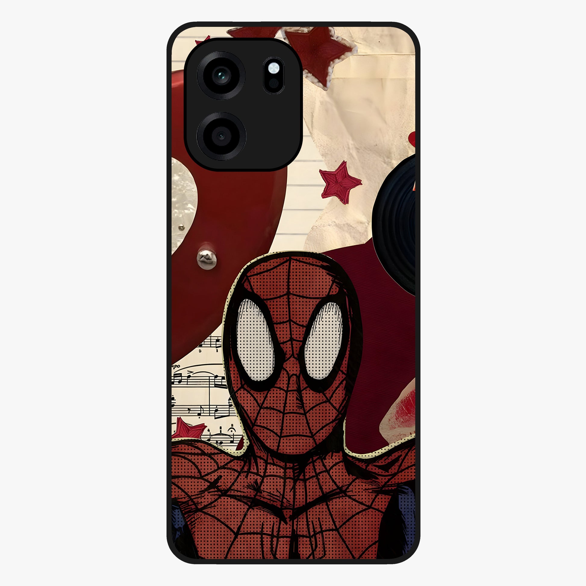 Web Warrior Vibes Glass Case showing flat back view with superhero inspired web themed artwork and glossy glass finish.
