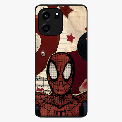 Web Warrior Vibes Glass Case showing flat back view with superhero inspired web themed artwork and glossy glass finish.