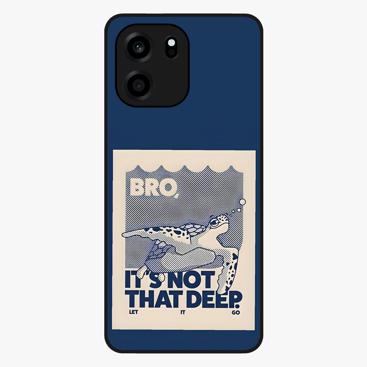 Worry Less Swim Glass Case showing flat back view with playful motivational artwork and glossy glass finish.