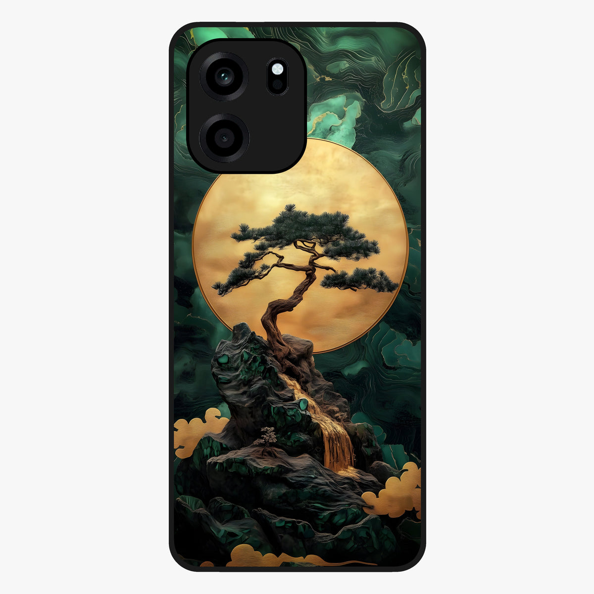 Zen Moon Rise Glass Case showing flat back view with calm moonrise artwork and glossy glass finish.