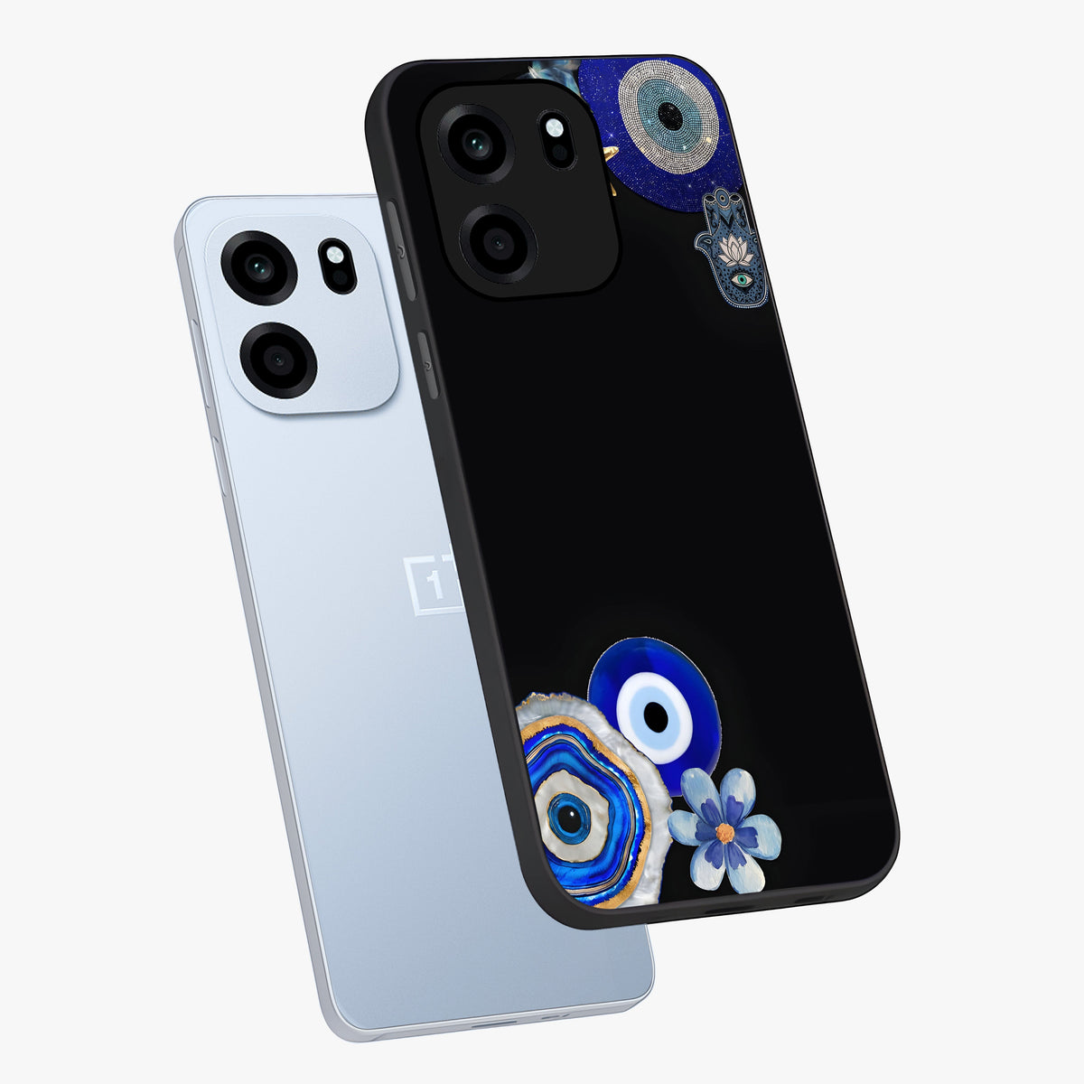 Aesthetic Blue Evil Eye Glass Case displayed in angled mockup highlighting blue evil eye symbol and spiritual aesthetic design.