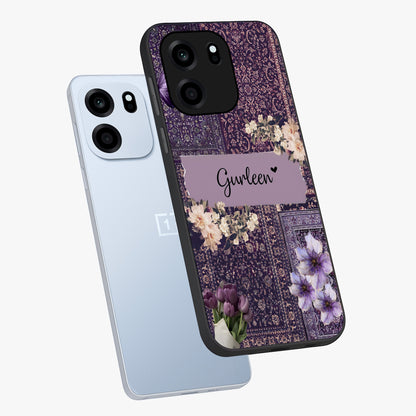 Antique Floral Whisper Custom Name Glass Case displayed in angled mockup highlighting elegant antique floral aesthetic.