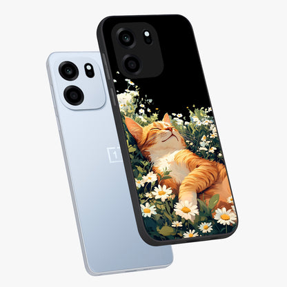 Blissful Bloom Cat Glass Case displayed in angled mockup highlighting playful feline illustration with soft floral aesthetic.