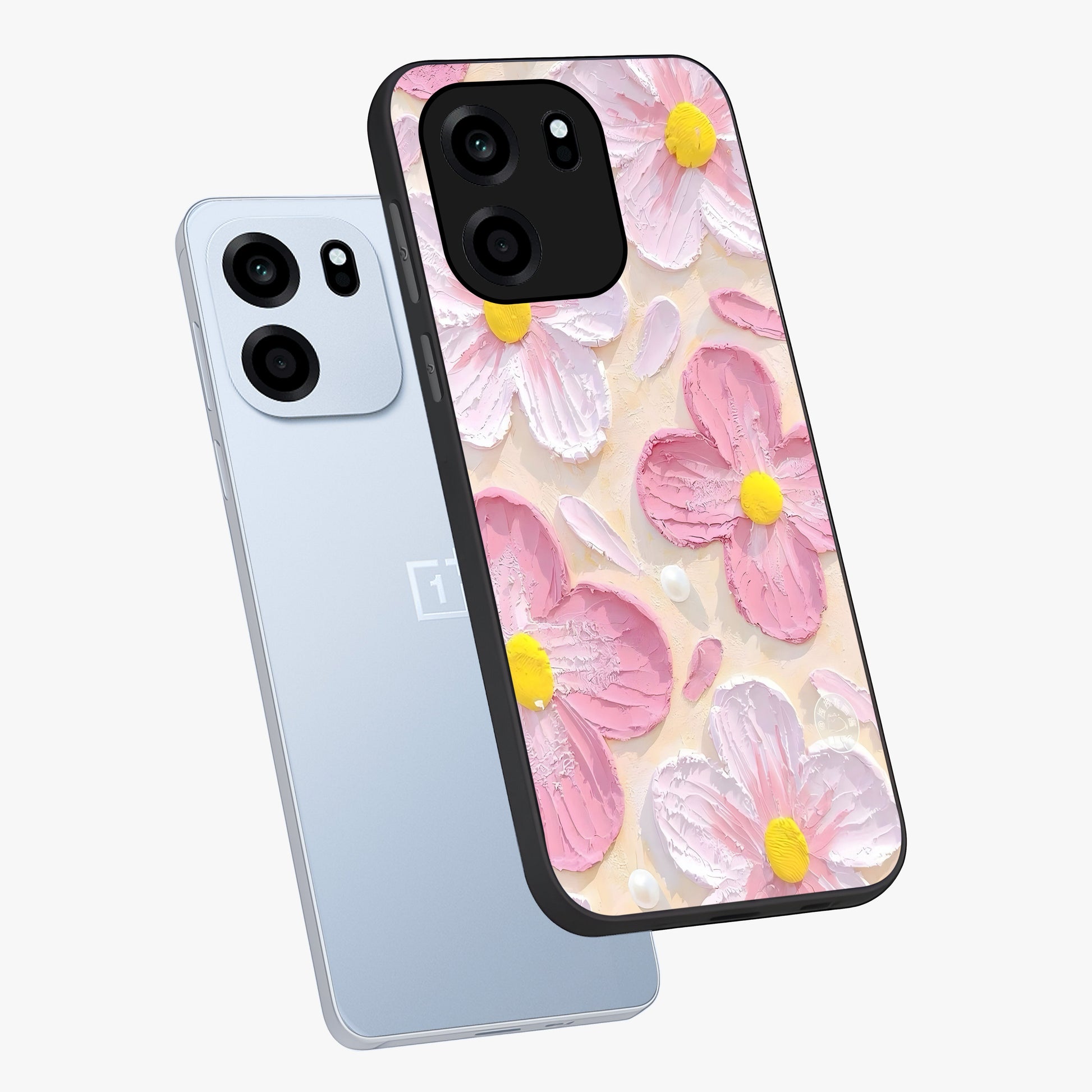 Blush Bloom Texture Glass Case displayed in angled mockup highlighting subtle bloom pattern with aesthetic pastel design.