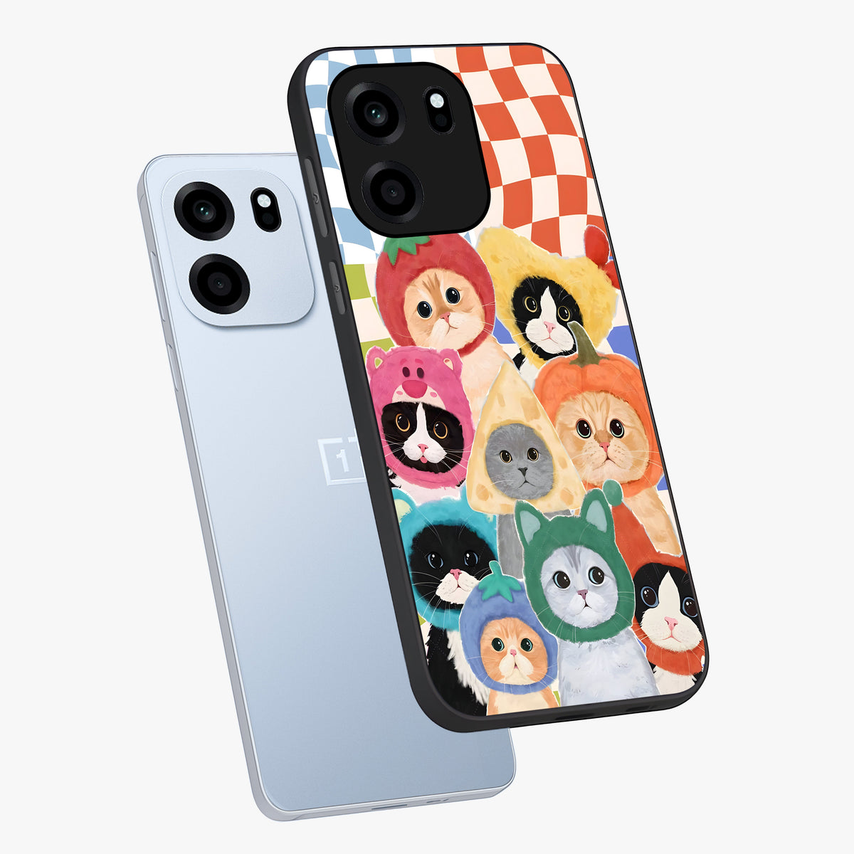 Cats in Fruits Glass Case displayed in angled mockup highlighting cute feline fruit design with colorful aesthetic style.