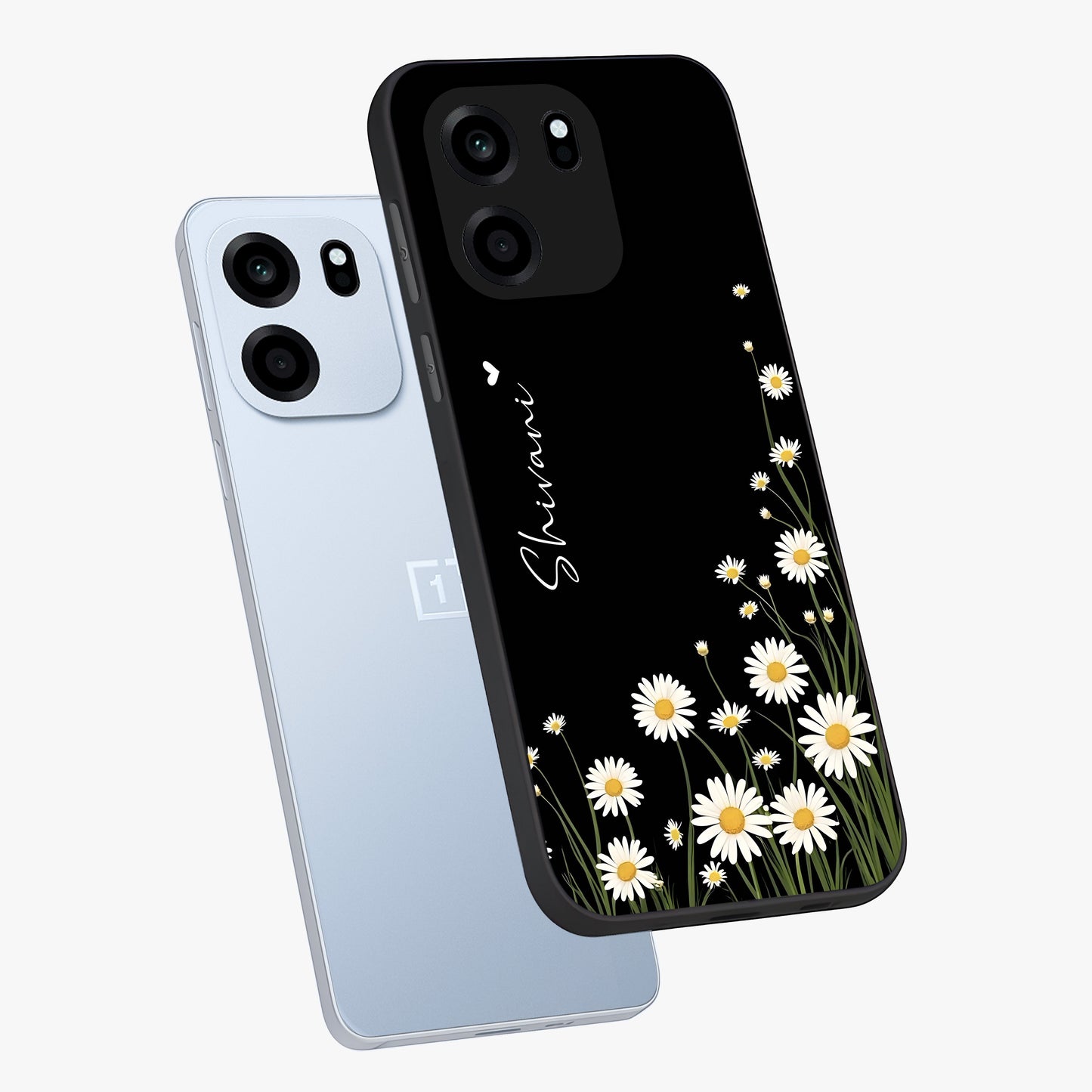 Daisy Cascade Custom Name Glass Case displayed in angled mockup highlighting delicate daisy artwork with custom name feature.