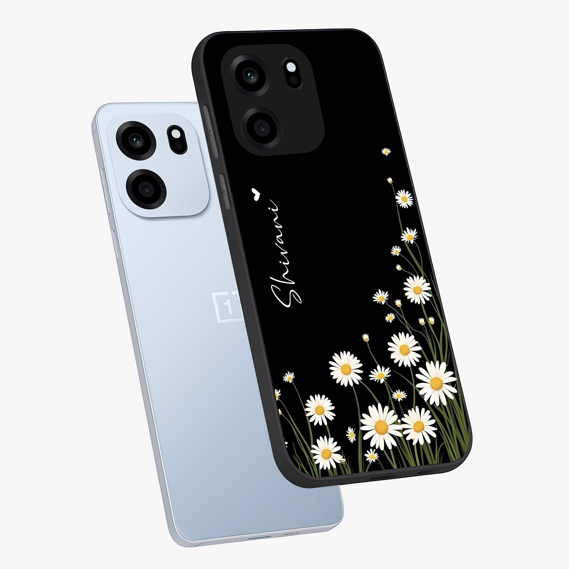 Daisy Cascade Custom Name Glass Case displayed in angled mockup highlighting delicate daisy artwork with custom name feature.