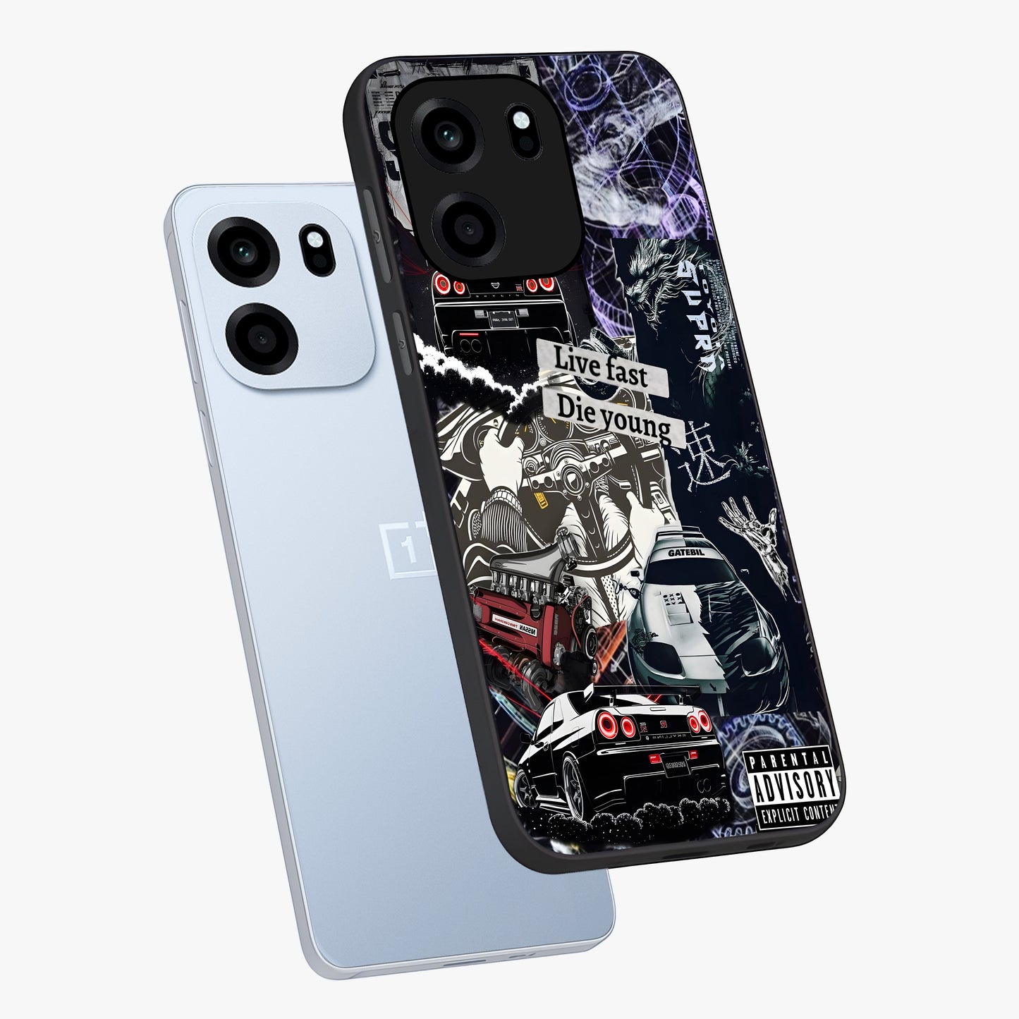 Die Young Glass Case displayed in angled mockup highlighting expressive graphic artwork with edgy aesthetic style.