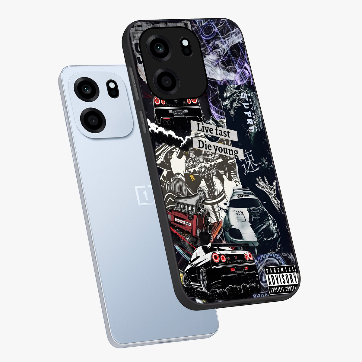 Die Young Glass Case displayed in angled mockup highlighting expressive graphic artwork with edgy aesthetic style.
