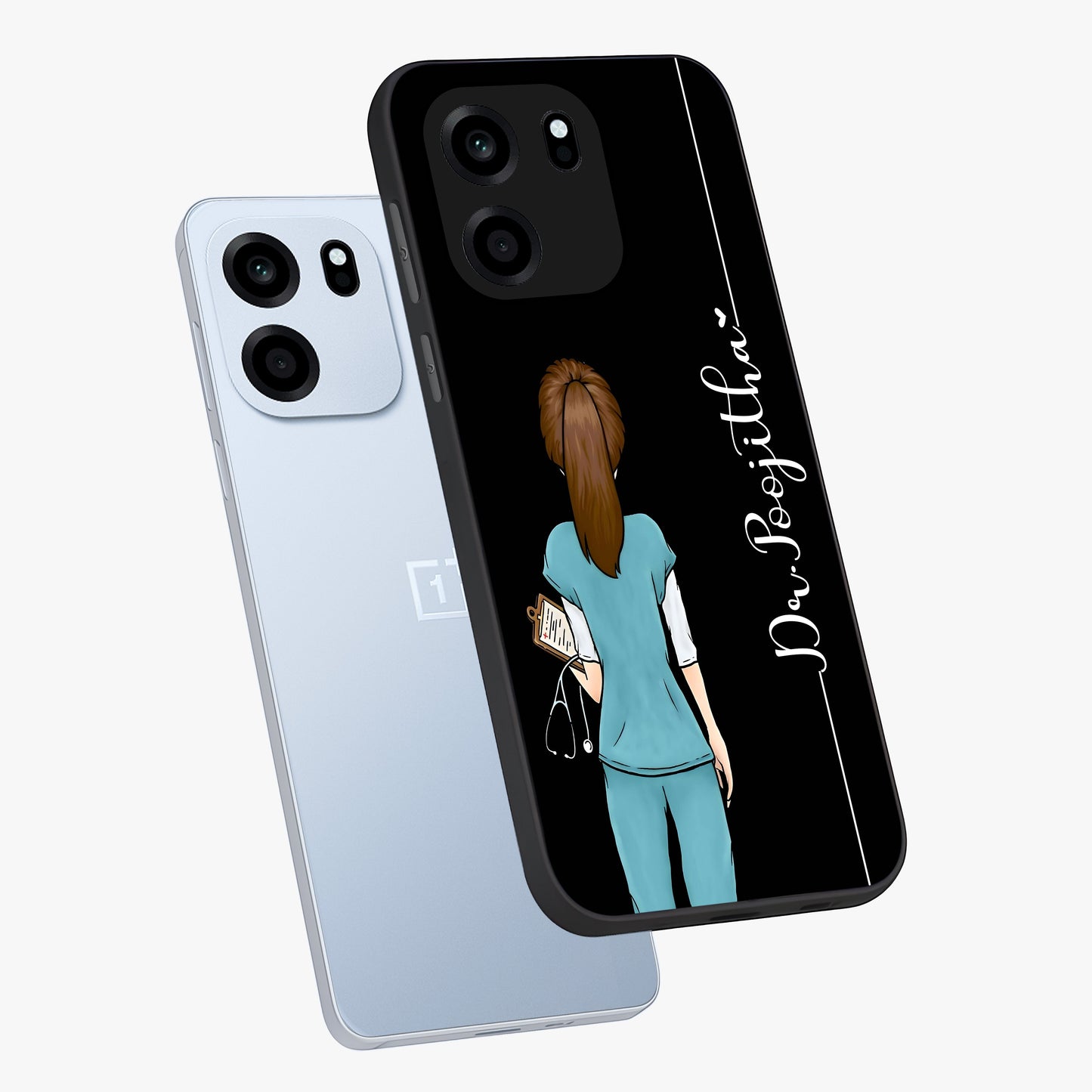 Doctor Pattern Custom Name Glass Case displayed in angled mockup highlighting doctor inspired artwork with custom name feature.