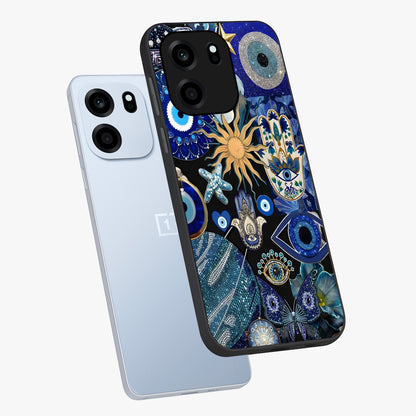Evil Eye Charm Mix Glass Case displayed in angled mockup highlighting protective evil eye symbols with spiritual aesthetic design.