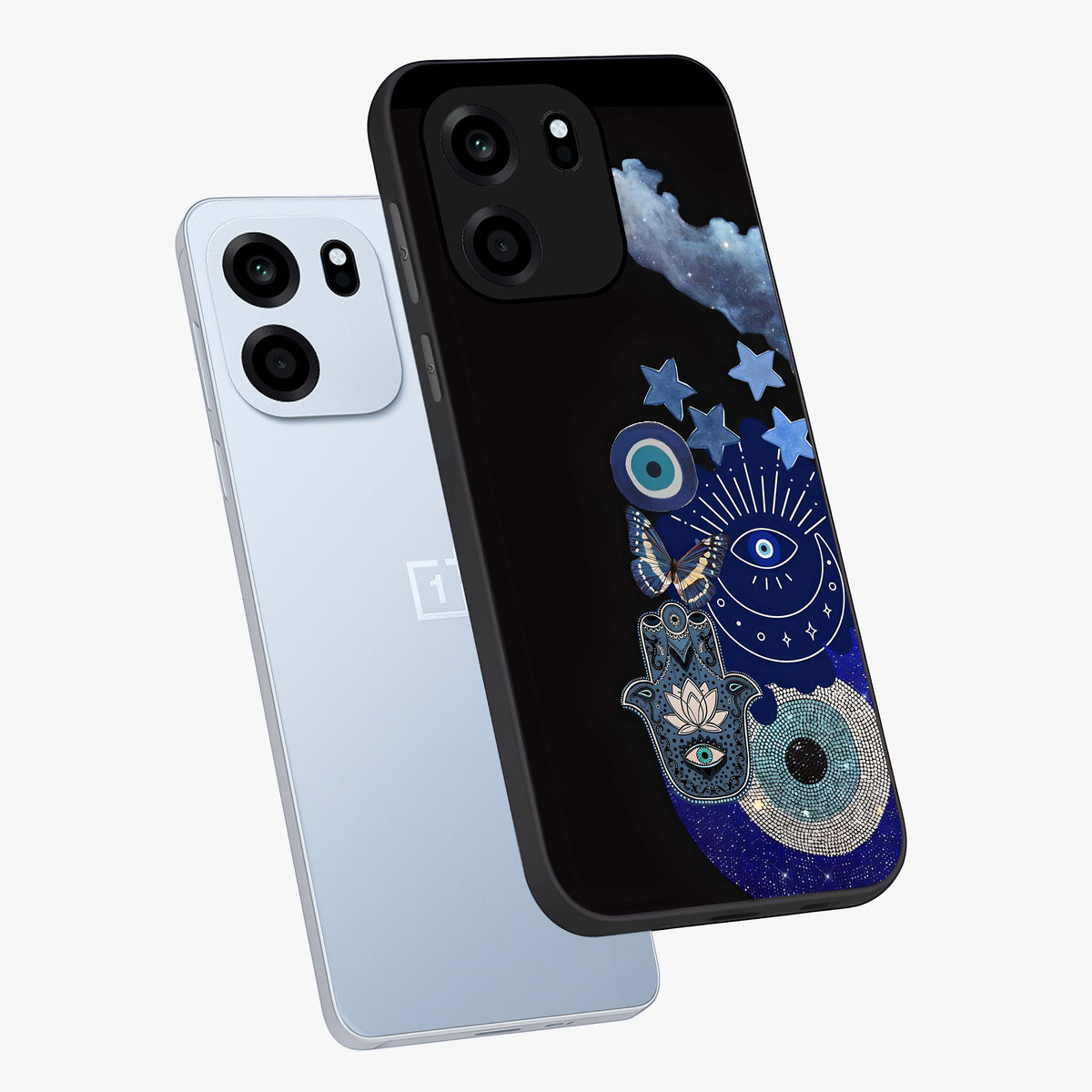 Galactic Charm Cluster Glass Case displayed in angled mockup highlighting luminous galaxy inspired design with dreamy aesthetic.