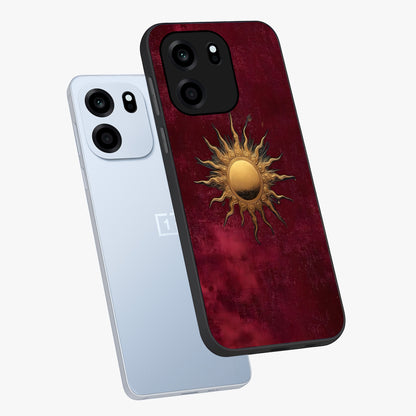 Golden Sun Minimalism Glass Case displayed in angled mockup highlighting clean sun symbol design with modern minimal aesthetic.