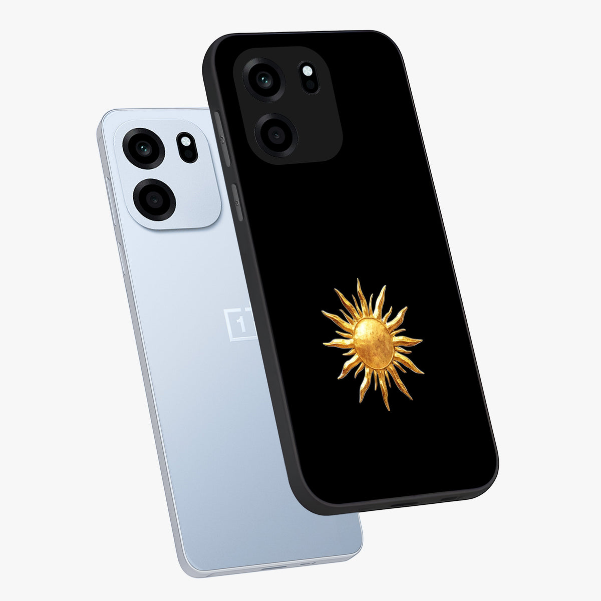 Golden Sun Minimalism Glass Case displayed in angled mockup highlighting eerie shadow illustration with gothic aesthetic.